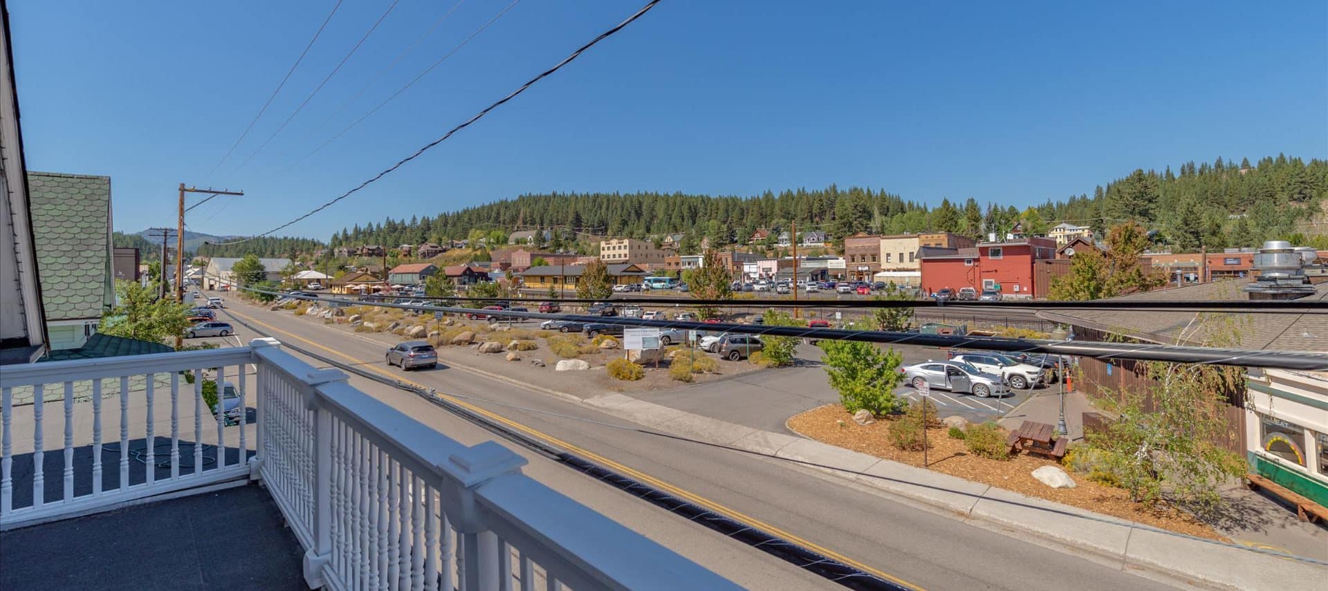 View of the town of Truckee from a balcony patio on the property